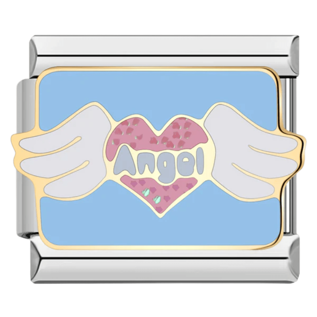 Angel pink heart with white wings 9mm Italian charm on blue background
