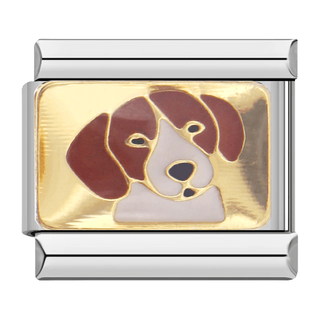 Beagle dog face brown and white 9mm Italian charm on gold-tone background