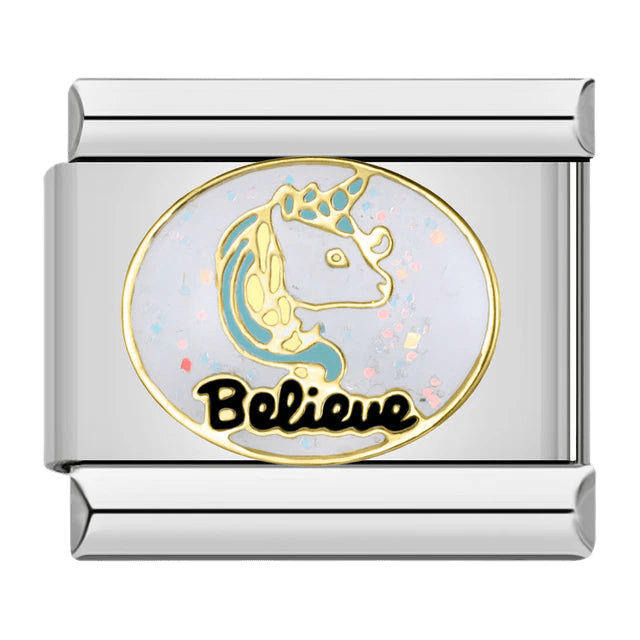 Believe gold script with pastel unicorn in oval frame sparkle accents 9mm Italian charm