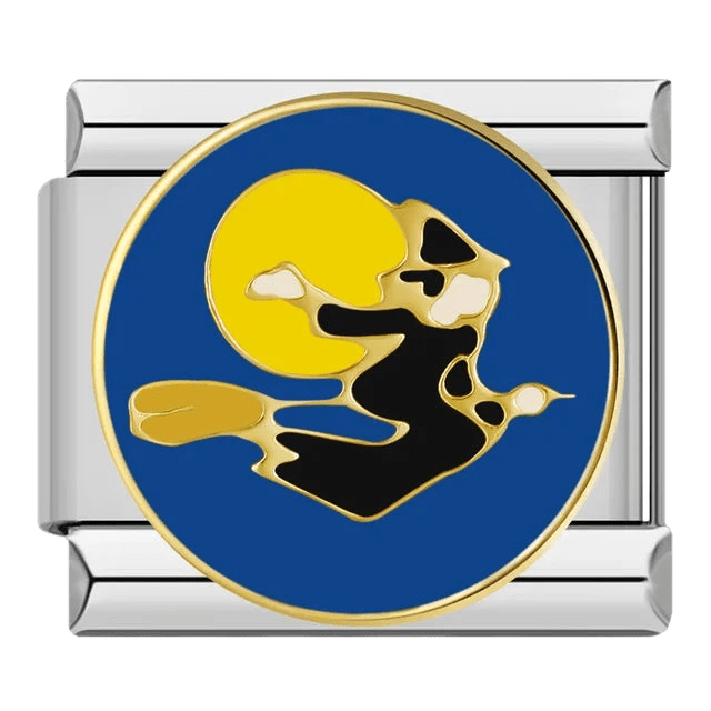 Black witch silhouette on broomstick against yellow full moon dark blue 9mm Italian charm