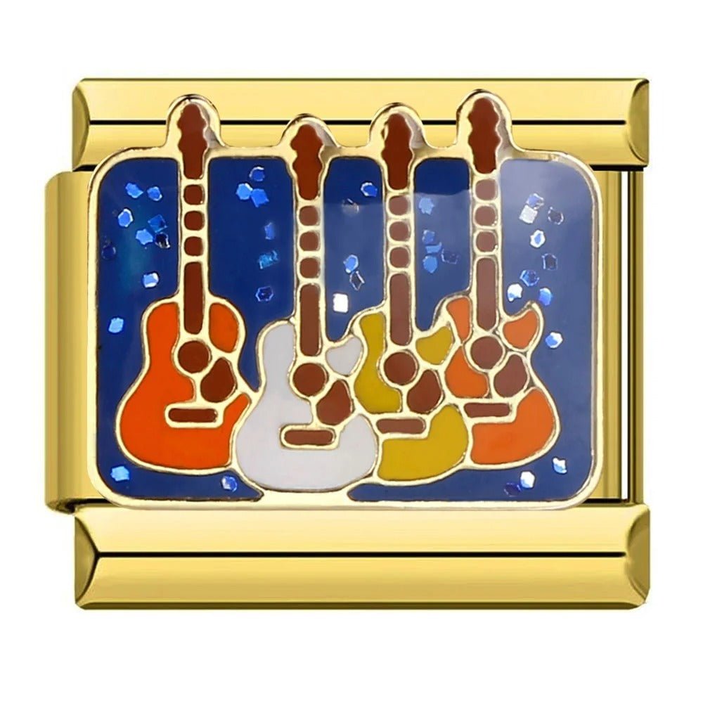 Colorful guitar lineup 9mm Italian charm bracelet link with blue background Gold