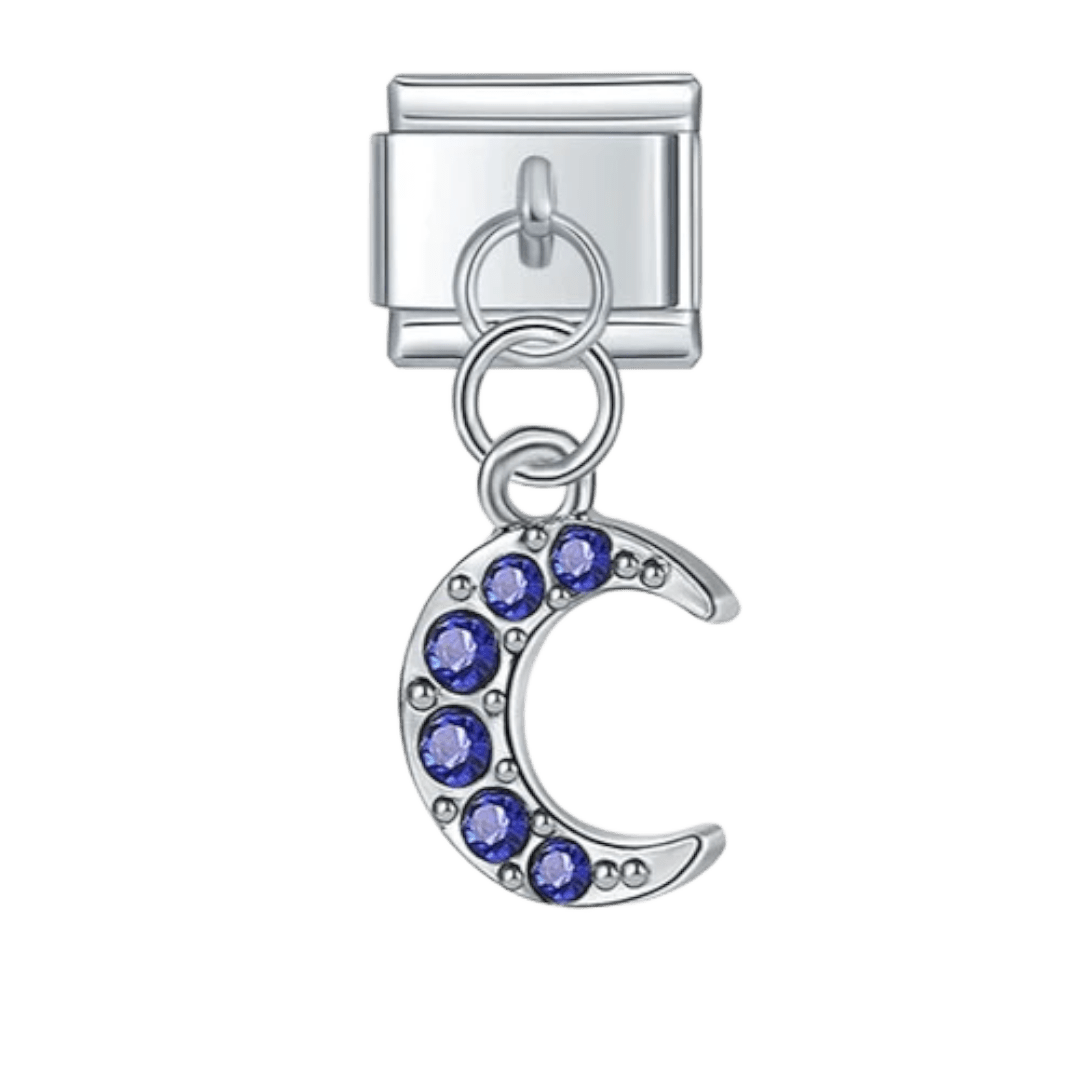 Dangling blue gem crescent moon Italian charm 9mm bracelet link