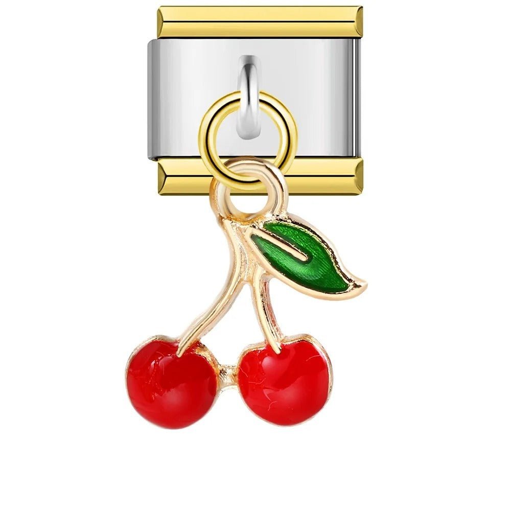 Dangling cherry Italian charm 9mm red cherry pendant with green leaf