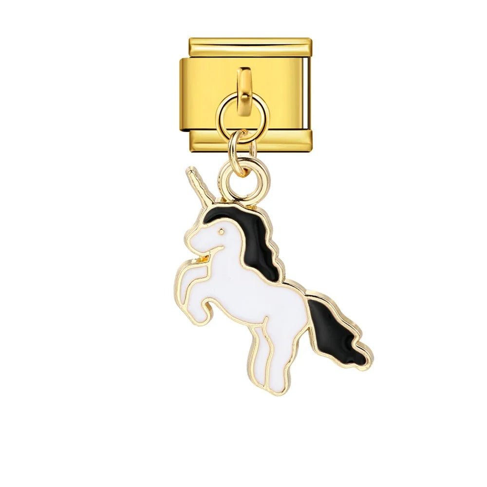 Dangling unicorn Italian charm 9mm black mane pendant Gold