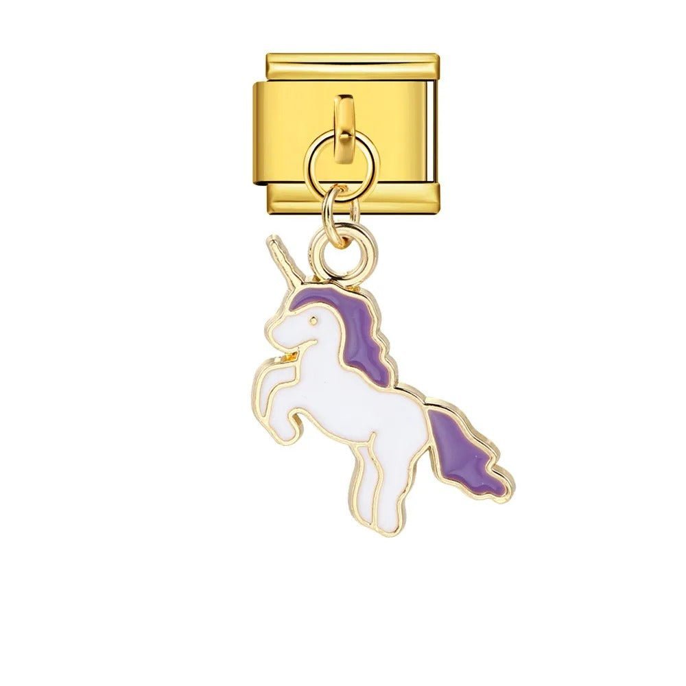 Dangling unicorn Italian charm 9mm purple mane pendant Gold