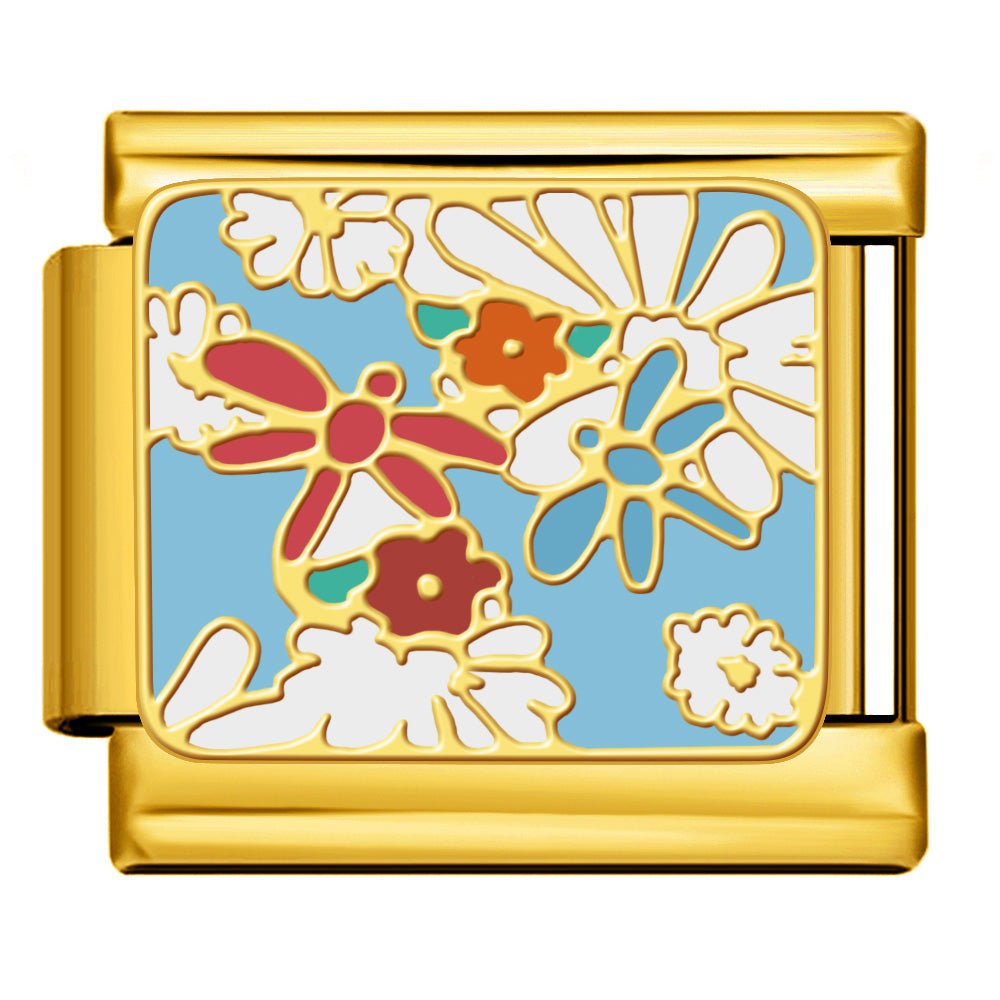 Dragonflies Italian charm 9mm enamel floral charm Gold