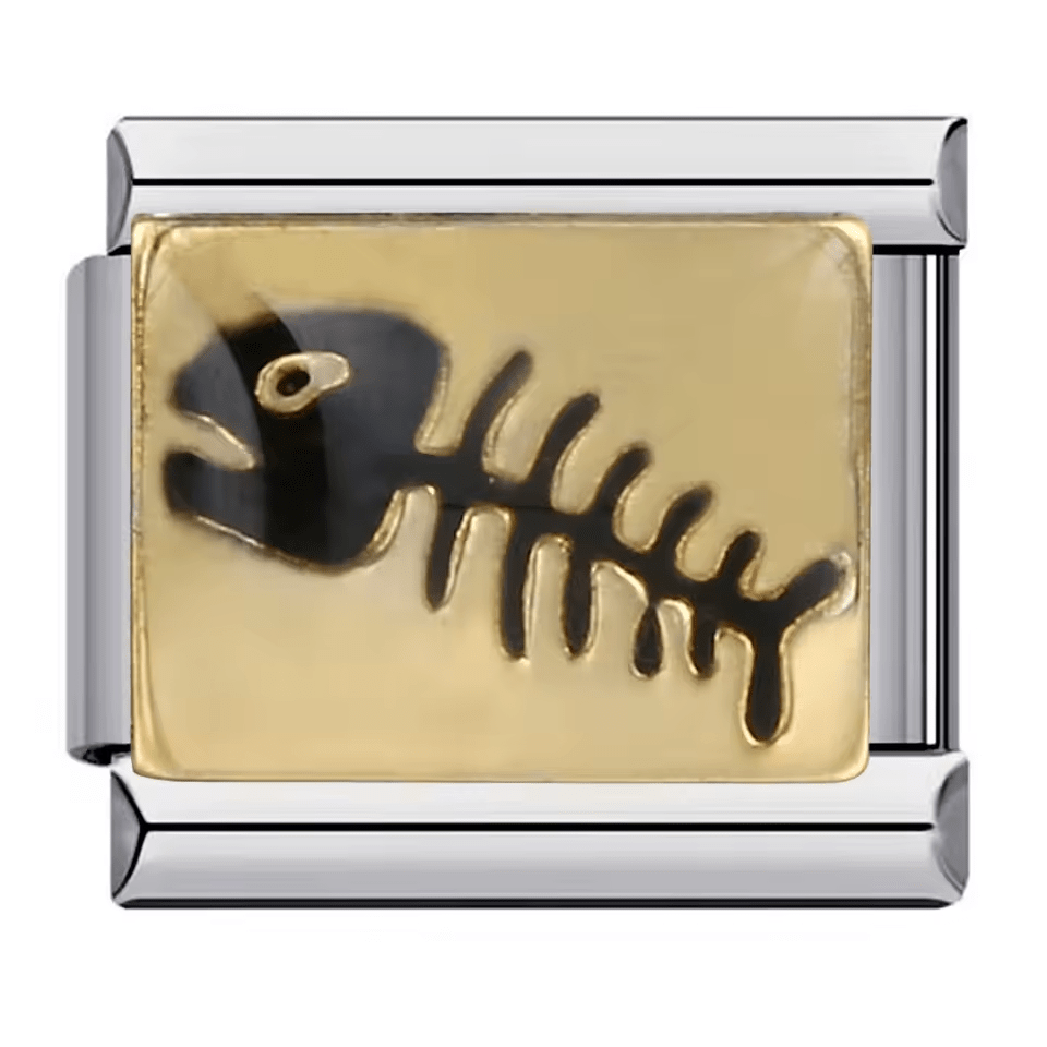 Fish bone Italian charm 9mm with black fish skeleton design
