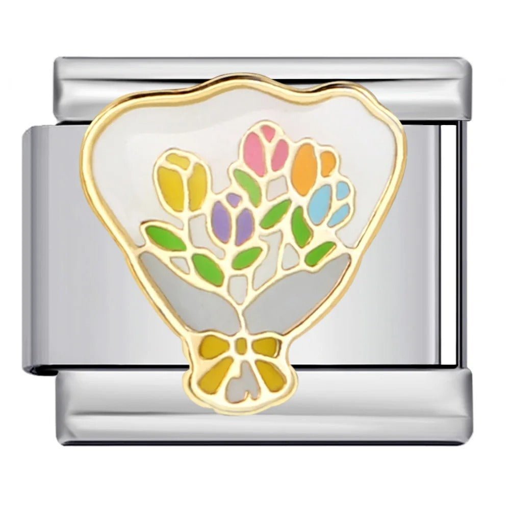 Flower bouquet Italian charm 9mm enamel floral bracelet link