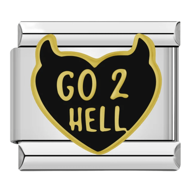 Go 2 Hell gold text on black devil heart with horns 9mm Italian charm