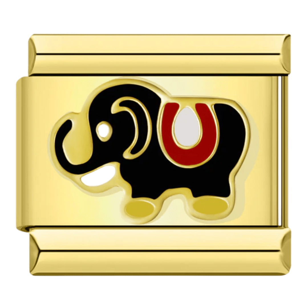 Gold elephant Italian charm link designed for standard 9mm modular charm bracelets with polished finish
