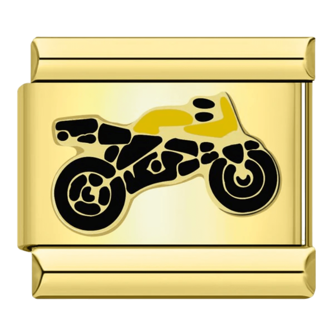 Gold motorcycle Italian charm link compatible with all 9mm Italian charm bracelets featuring bold biker motorcycle symbol