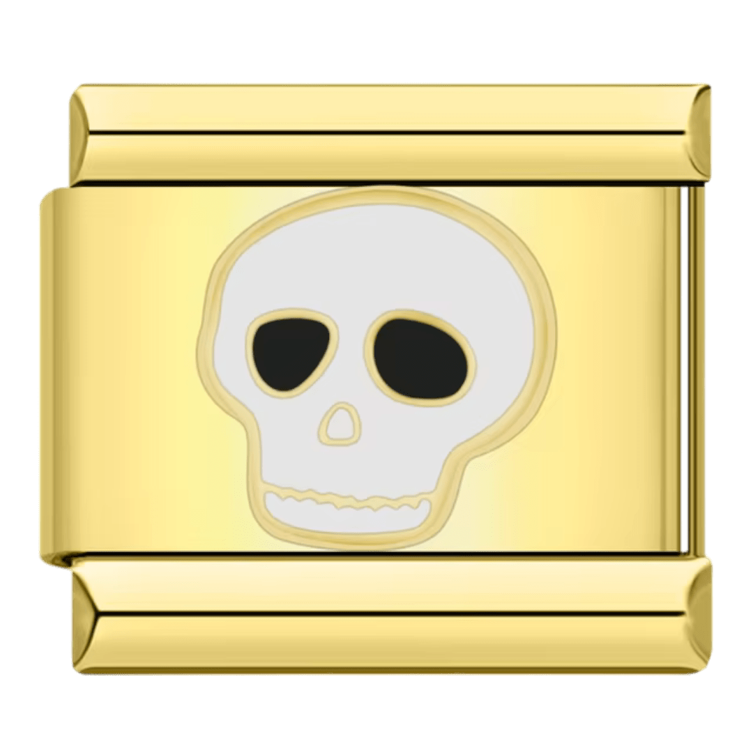 Gold skull Italian charm 9mm modular bracelet charm featuring bold gothic skull design for personalized Italian charm bracelets