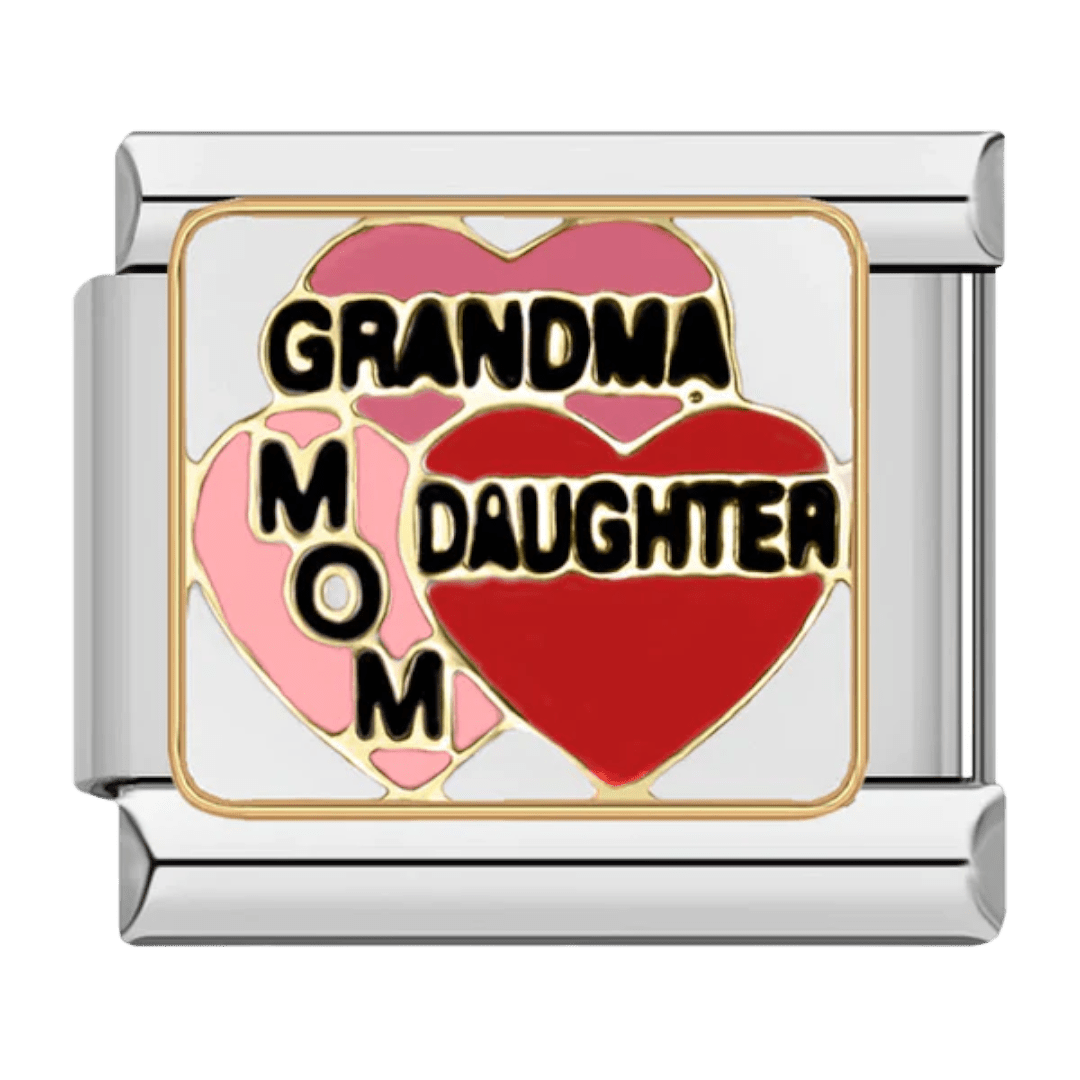 Grandma Mom Daughter three-generation family Italian charm 9mm with red and pink hearts