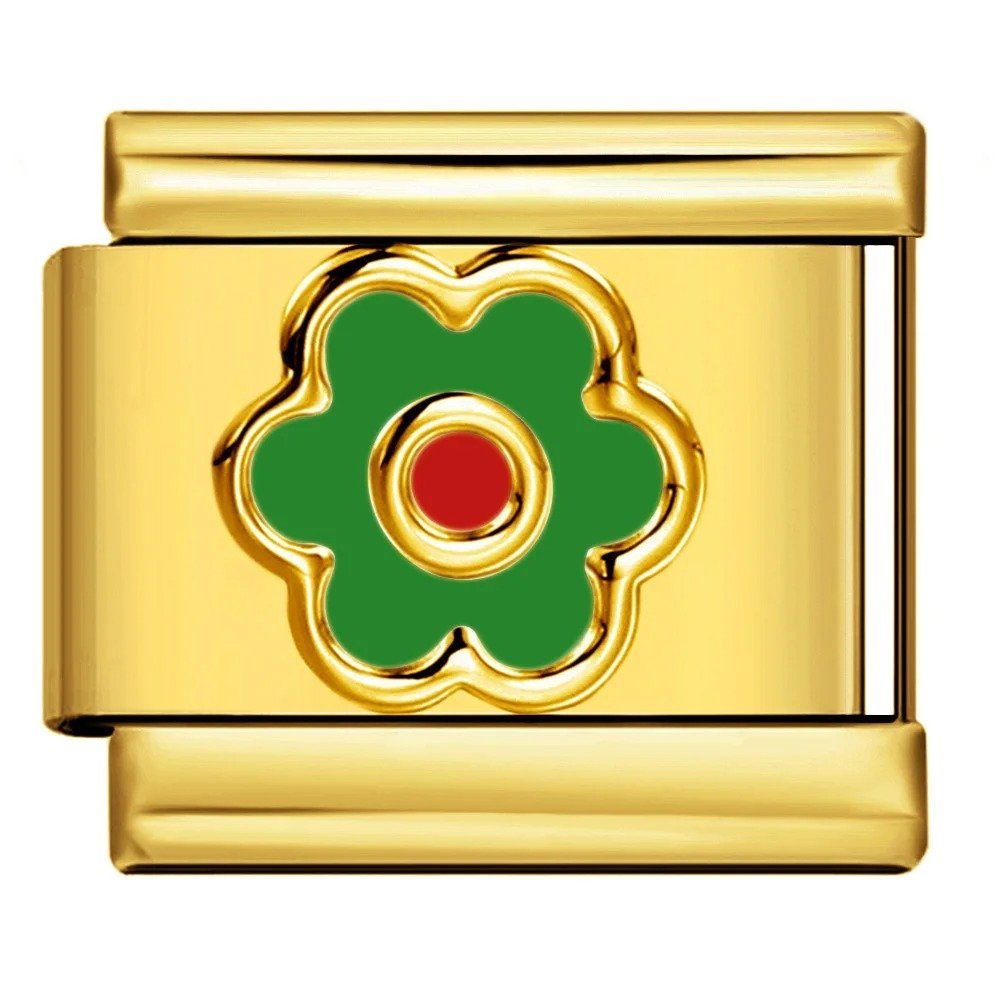 Green flower with red center Italian charm 9mm gold