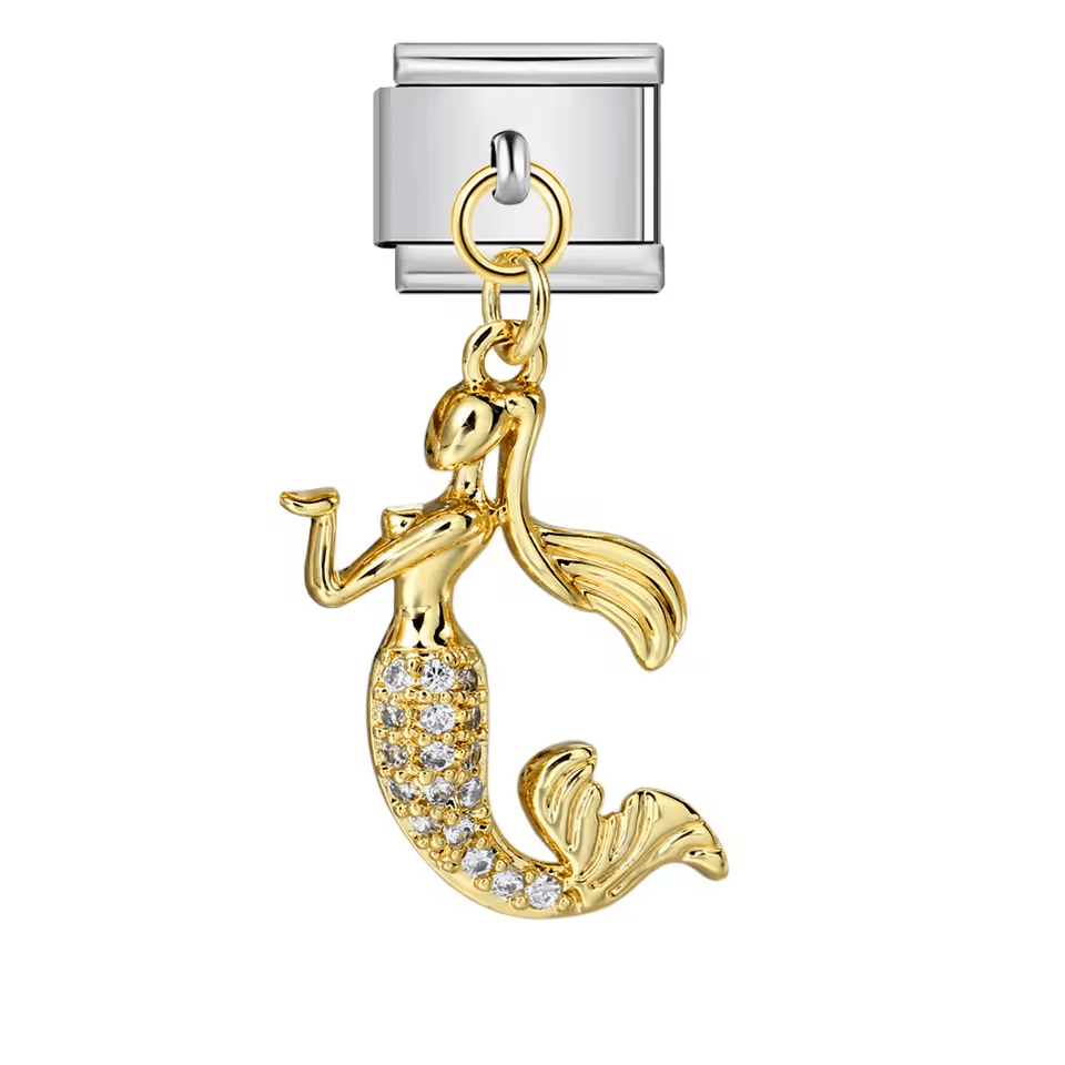 Hanging mermaid Italian charm 9mm with gold-tone link and clear stone details- silver