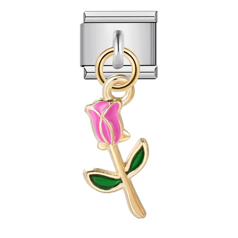 Hanging pink rose Italian charm 9mm dangling flower charm