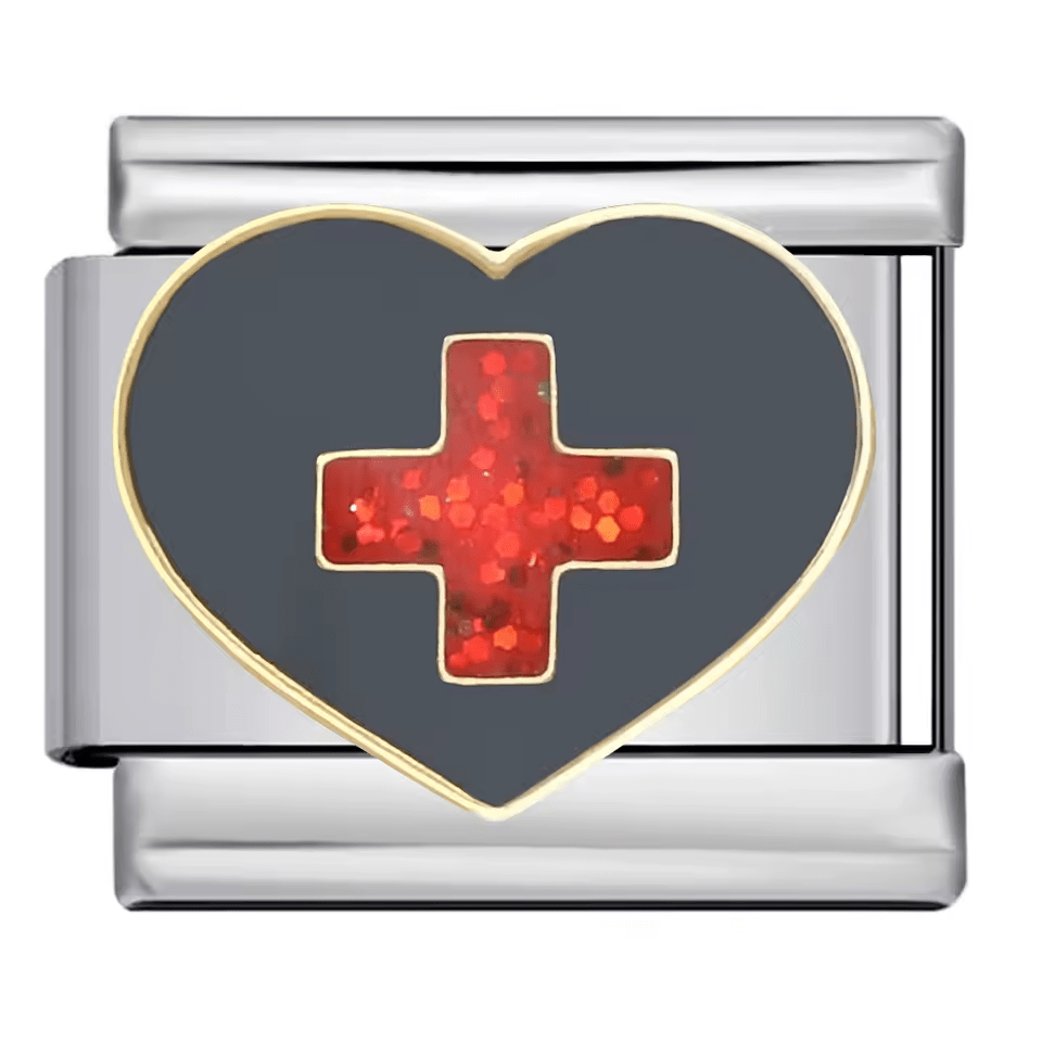 Heart cross 9mm Italian charm bracelet link with red cross symbol