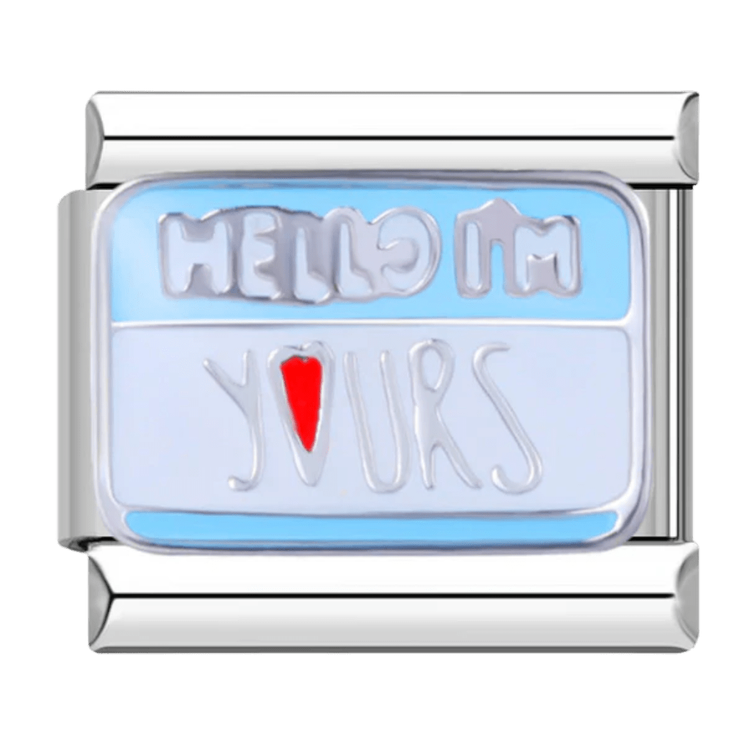 Hello I'm Yours raised text with red heart on light blue background 9mm Italian charm