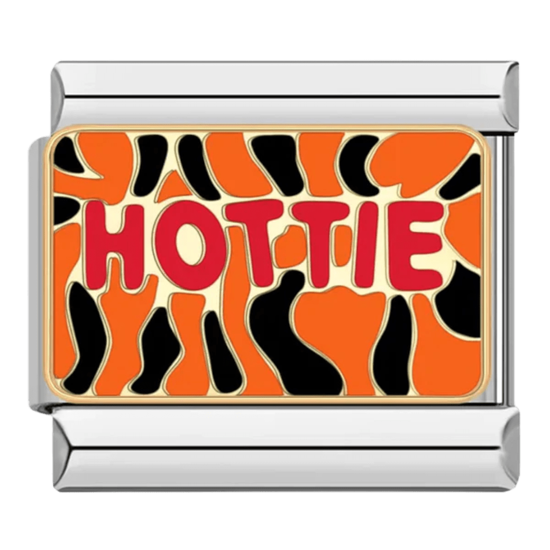 Hottie red bold text on orange and black animal print background 9mm Italian charm