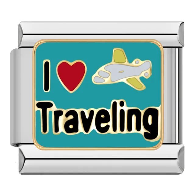 I Love Traveling travel Italian charm 9mm teal enamel with airplane and red heart