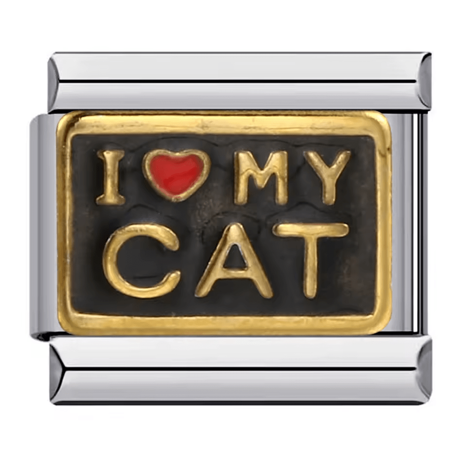 I love my cat Italian charm 9mm black enamel gold lettering