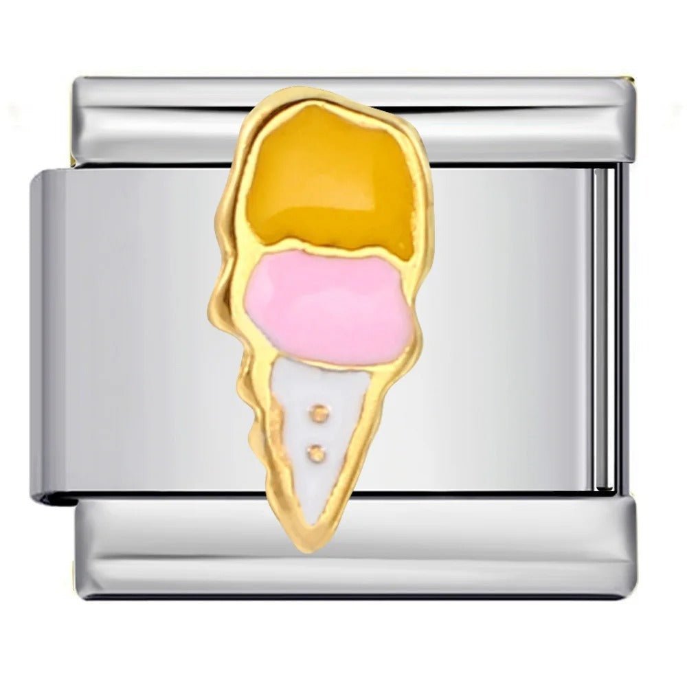 Ice cream cone Italian charm 9mm with pink and yellow enamel design