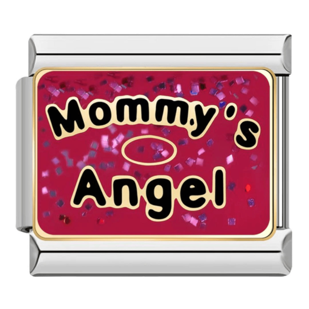 Mommy's Angel family Italian charm 9mm glittery pink-red enamel with halo accent