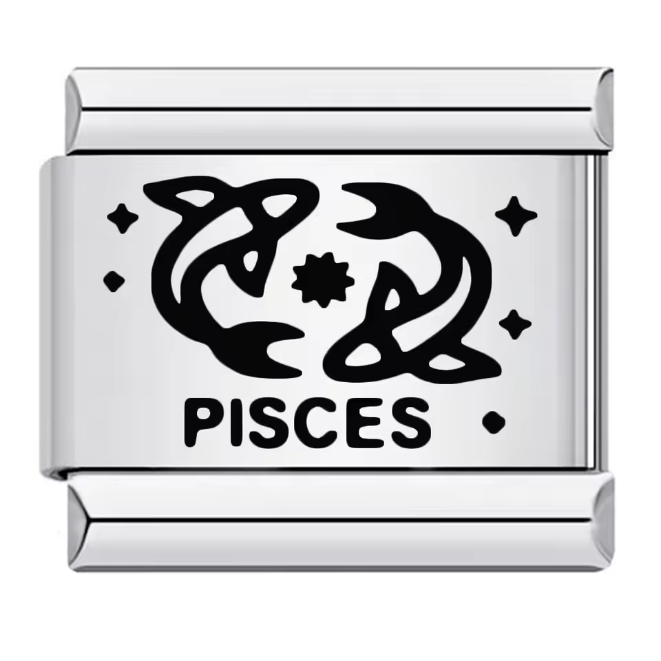 Pisces zodiac Italian charm 9mm with black symbol and text design