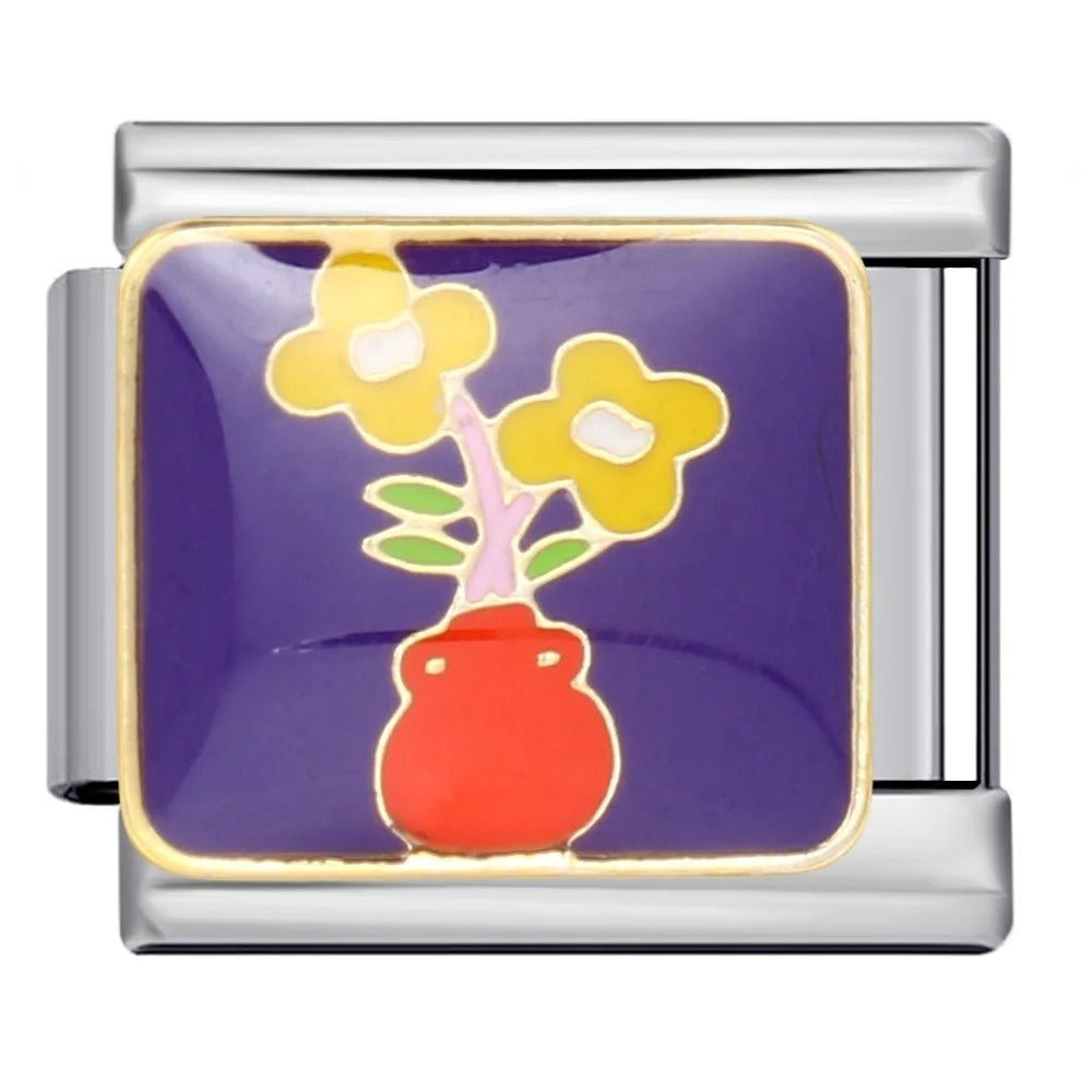 Primroses Italian charm 9mm yellow flowers red vase design