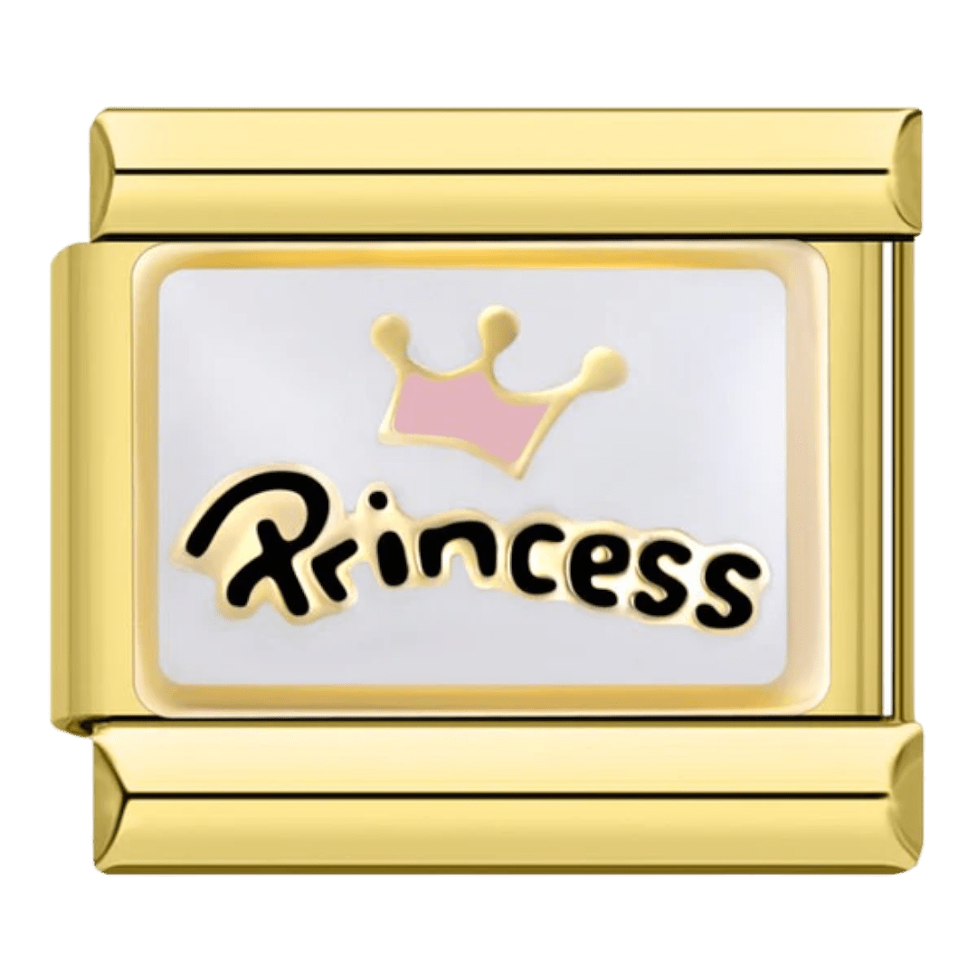 Princess crown Italian charm close up showing detailed enamel design on 9mm charm, perfect for Italian charm bracelets and custom jewelry collections
