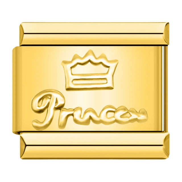 Princess gold script with crown emblem embossed gold tone 9mm Italian charm