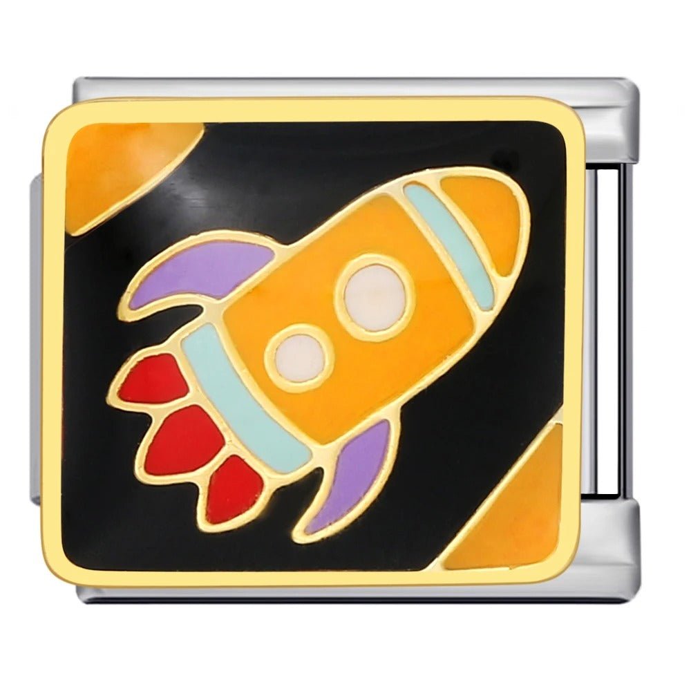 Rocketship Italian charm 9mm with colorful space-themed enamel design