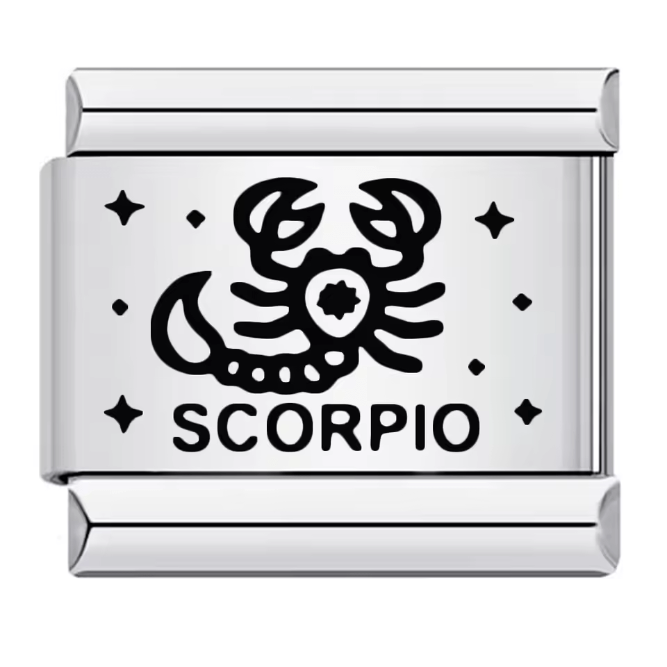 Scorpio zodiac Italian charm 9mm with black symbol and Scorpio text