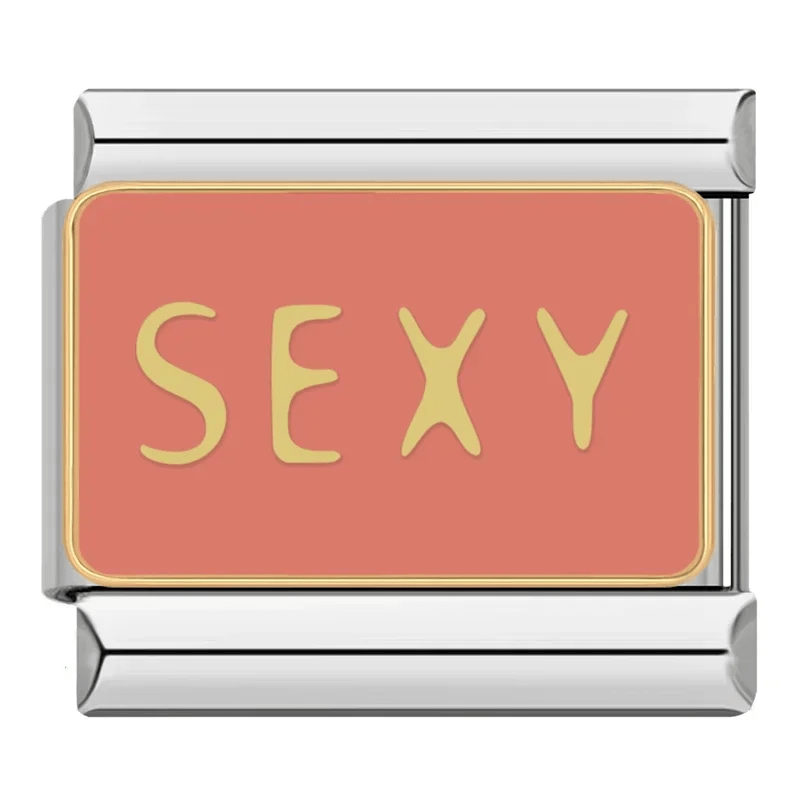 Sexy Italian Charm 9mm with pink enamel on Italian charm bracelet by Charmette, flirty statement charm, no-pinch design