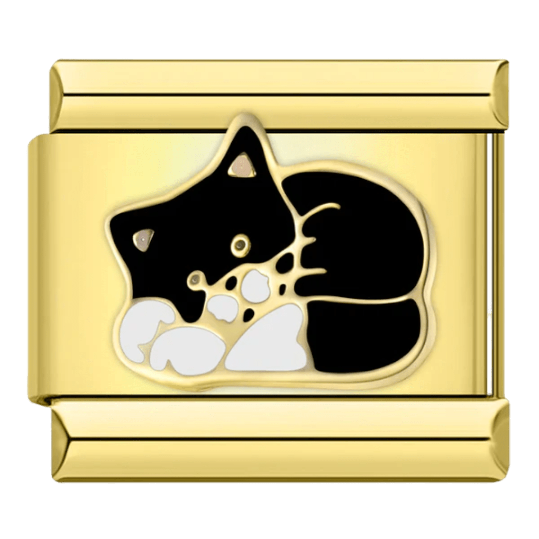 Sleeping cat Italian charm 9mm black background Gold