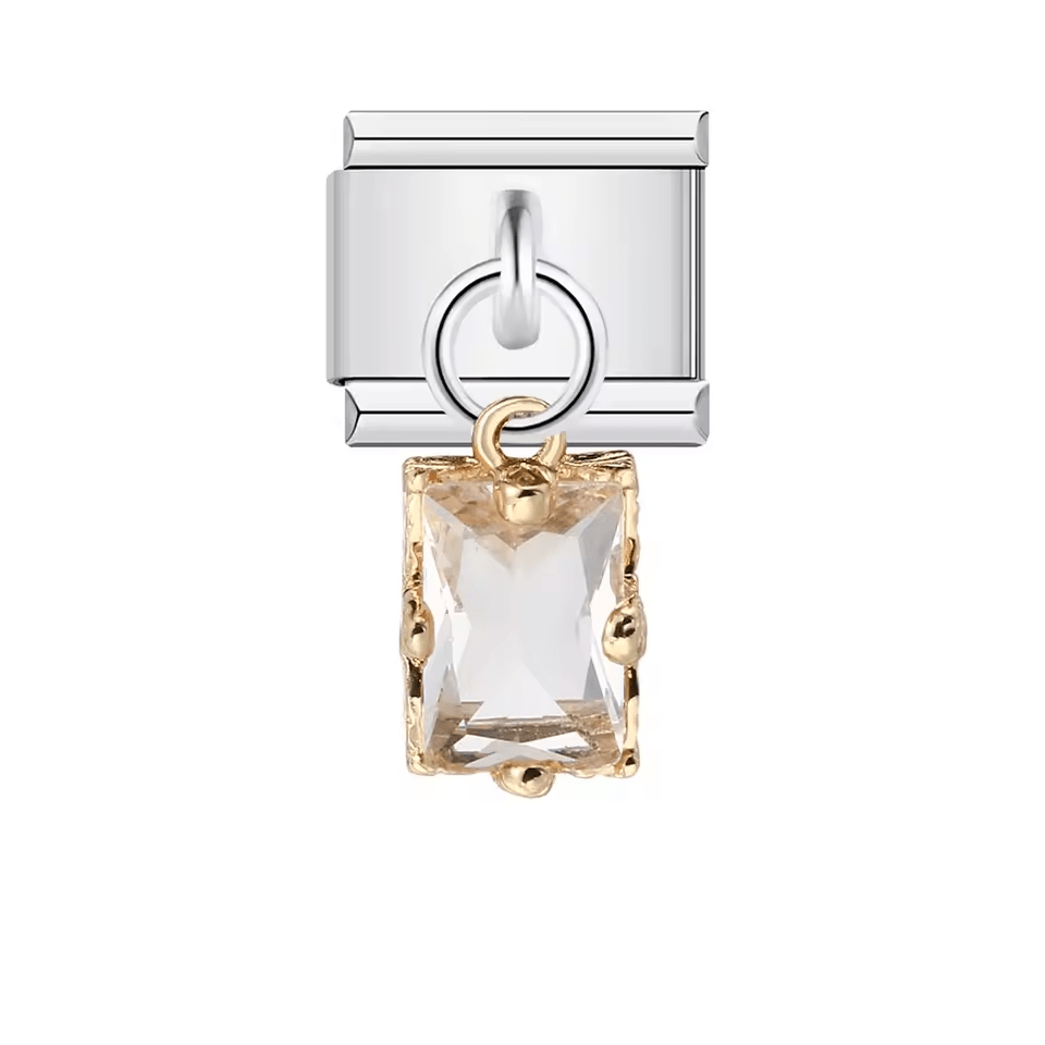 Square diamond Italian charm 9mm with dangling clear stone and silver-tone link