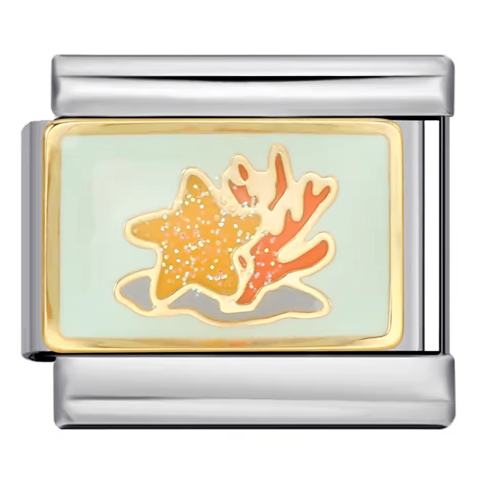 Starfish and coral Italian charm with gold and sea-green enamel for Charmette and Nomination-style 9 mm bracelets