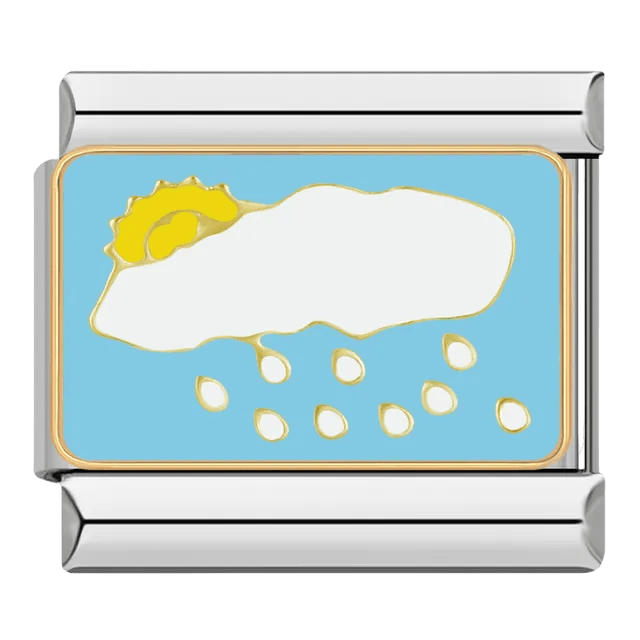Sun behind clouds with golden raindrops on light blue sky 9mm Italian charm
