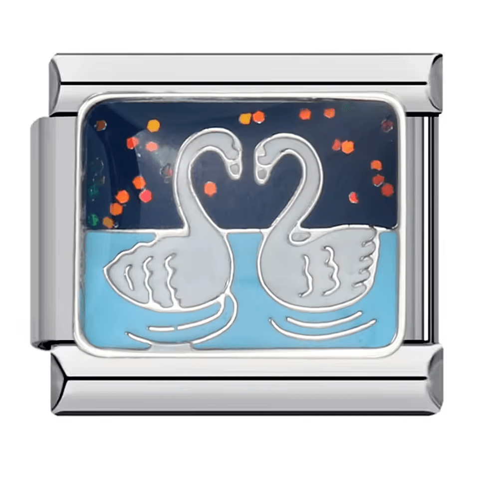 Swans heart Italian charm 9mm with white swan pair design