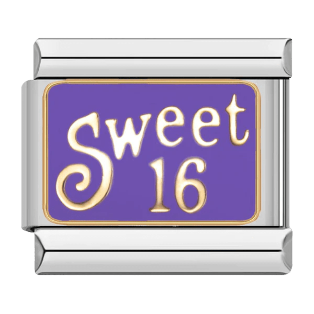 Sweet 16 birthday milestone Italian charm 9mm purple enamel with gold-tone lettering