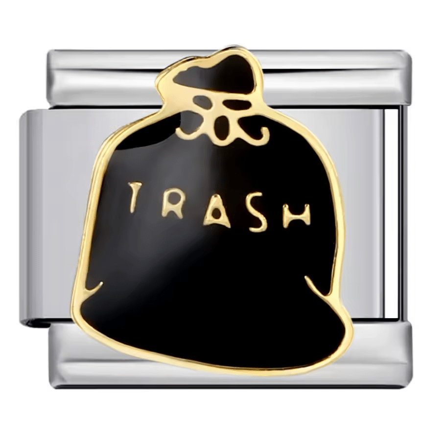 Trash bag Italian charm 9mm black enamel trash design