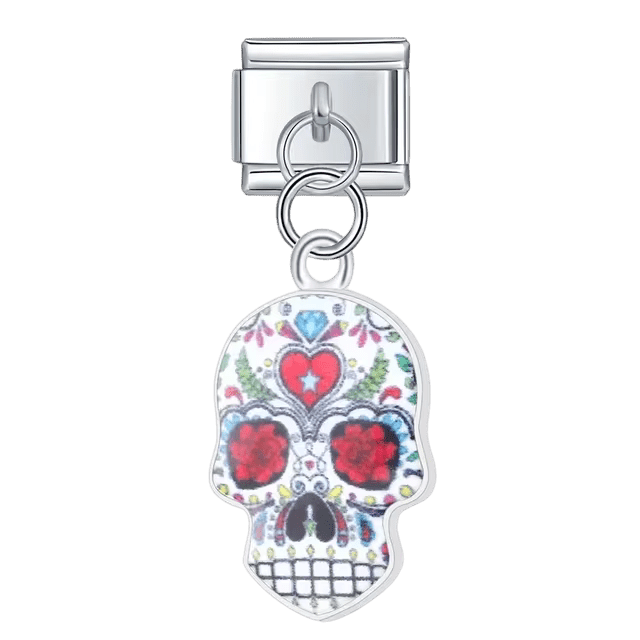 dia de los muertos sugar skull dangle Italian charm 9mm bracelet link Silver