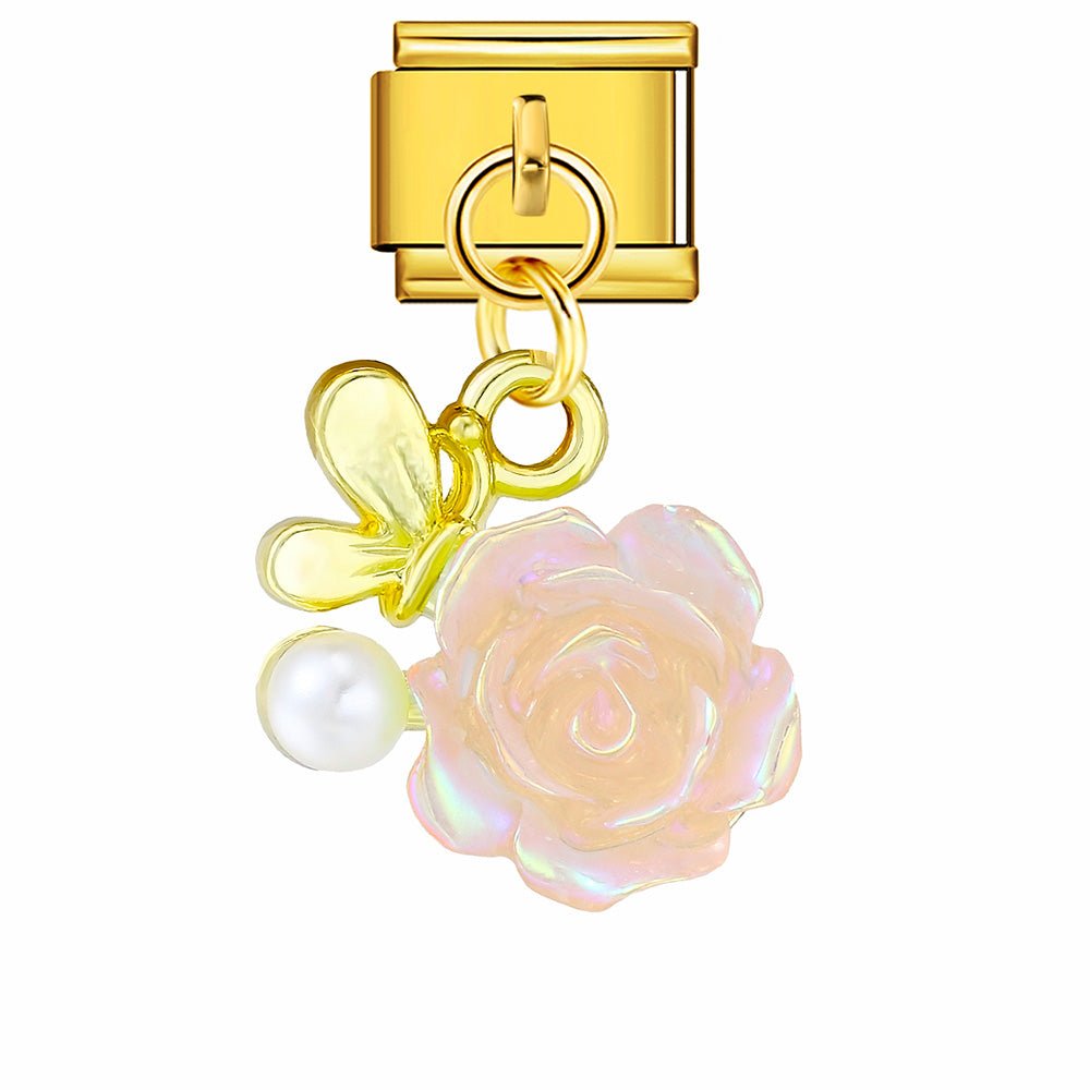 gold Dangling pink rose 9mm Italian charm by Charmette compatible with all Italian charm bracelets