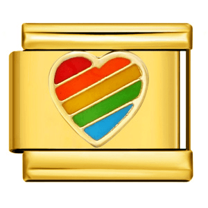gold Rainbow striped heart with red orange yellow green blue enamel 9mm Italian charm