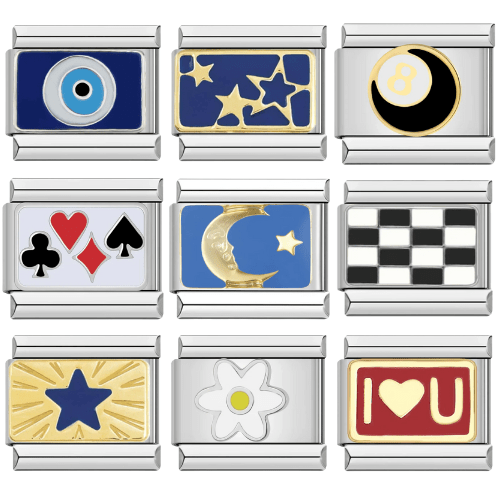 silver 9 charm bracelet bundle – viral Italian charms set compatible with 9mm Nomination-style modular bracelets by Charmette