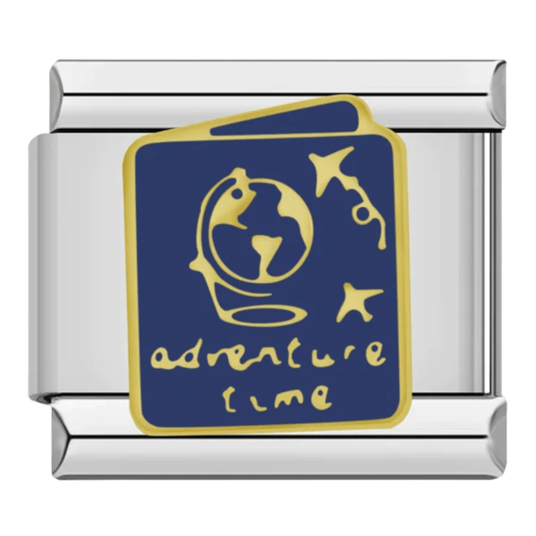 Adventure time gold script with globe and airplane on dark navy blue 9mm Italian charm