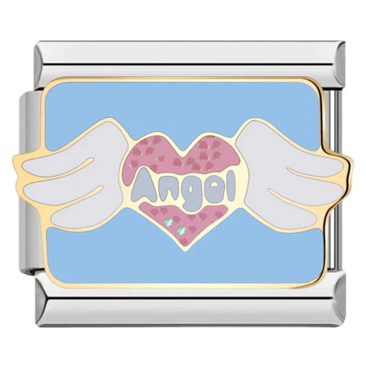 Angel pink heart with white wings 9mm Italian charm on blue background