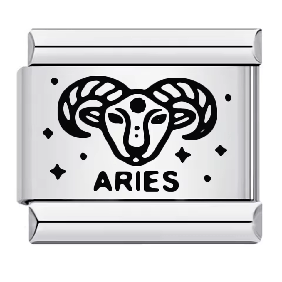 Aries zodiac Italian charm 9mm with black ram symbol and Aries text
