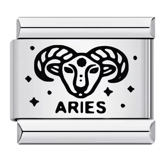 Aries zodiac Italian charm 9mm with black ram symbol and Aries text