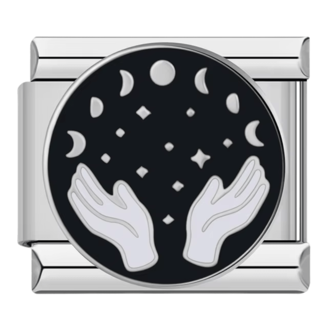Astrology mystic hands reaching toward crescent moon and stars on black 9mm Italian charm